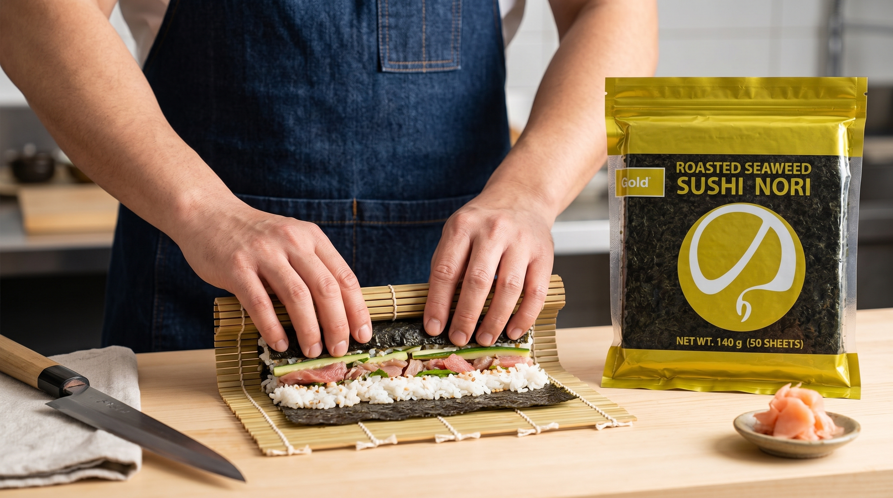 Sushi chef rolling maki with GGFT Sushi Nori Gold | Addtocart Dubai UAE