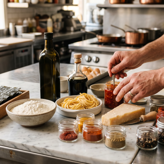 A global spread of premium cooking ingredients in a chef's kitchen | Addtocart Dubai UAE