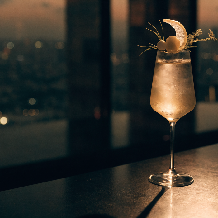 Elegant signature cocktail on a bar high above a city skyline | Addtocart Dubai UAE