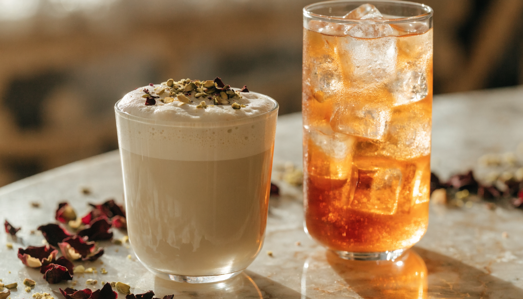 Pistachio rose latte and saffron drink with rose petals | Addtocart Dubai UAE
