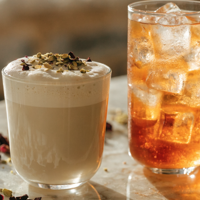 Pistachio rose latte and saffron drink with rose petals | Addtocart Dubai UAE