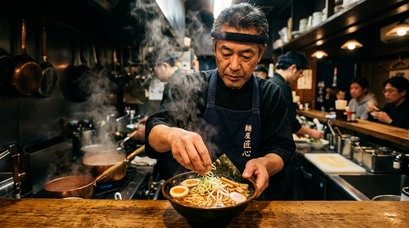 Japanese ramen chef preparing an authentic bowl of hot ramen in a restaurant kitchen