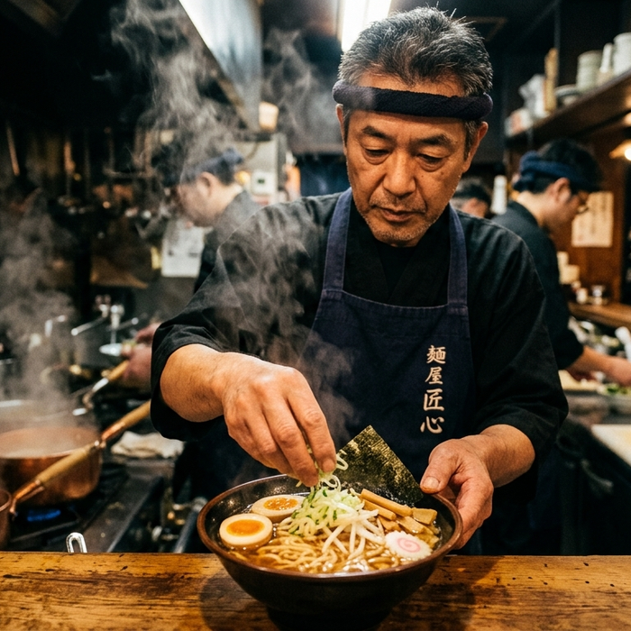 Japanese ramen chef preparing an authentic bowl of hot ramen in a restaurant kitchen