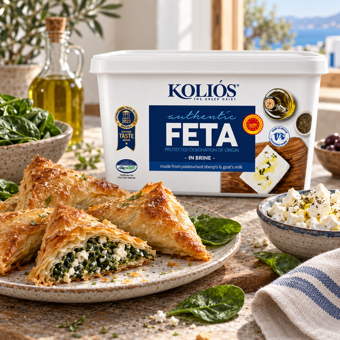 Kolios Feta in Brine 2kg with spinach and feta pastries