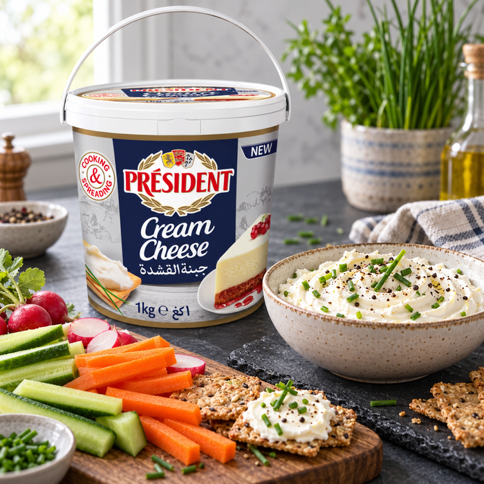 Président cream cheese herb dip with vegetables and crackers
