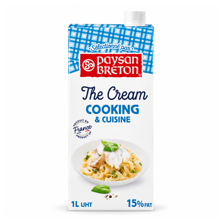 Paysan Breton The Cream Cooking & Cuisine 15% fat 1L UHT, English carton front
