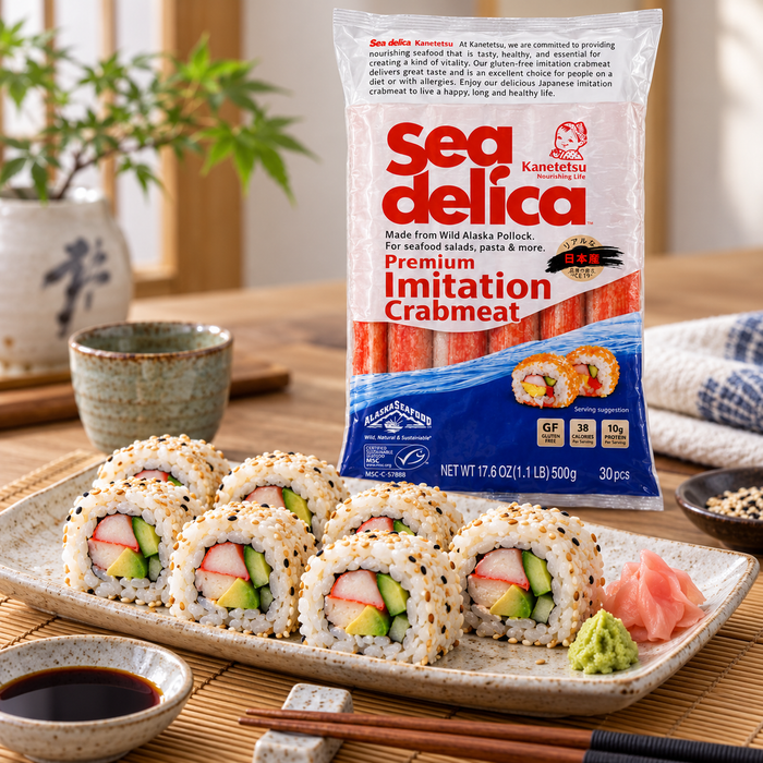 Sea Delica Osaki Crab Stick 500g with California sushi rolls