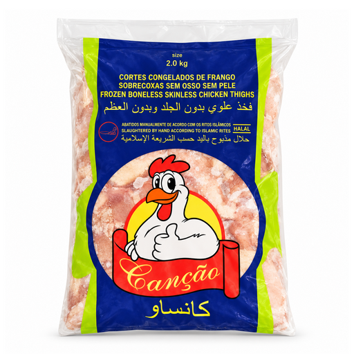 Cancao boneless skinless chicken thighs 2kg bag front