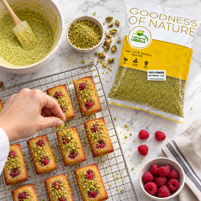 Pistachio powder used to finish raspberry financiers
