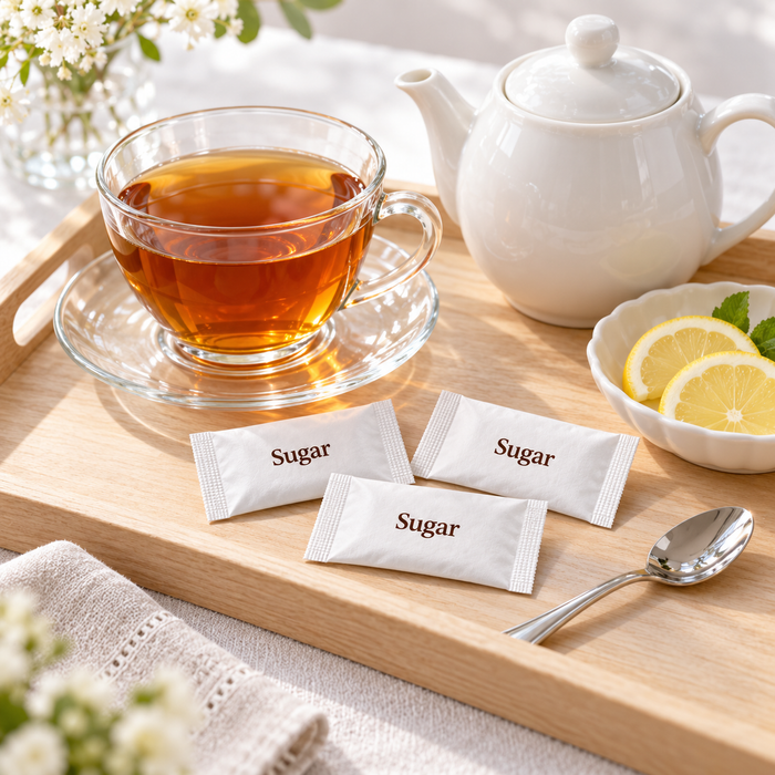 White sugar sachets with afternoon tea