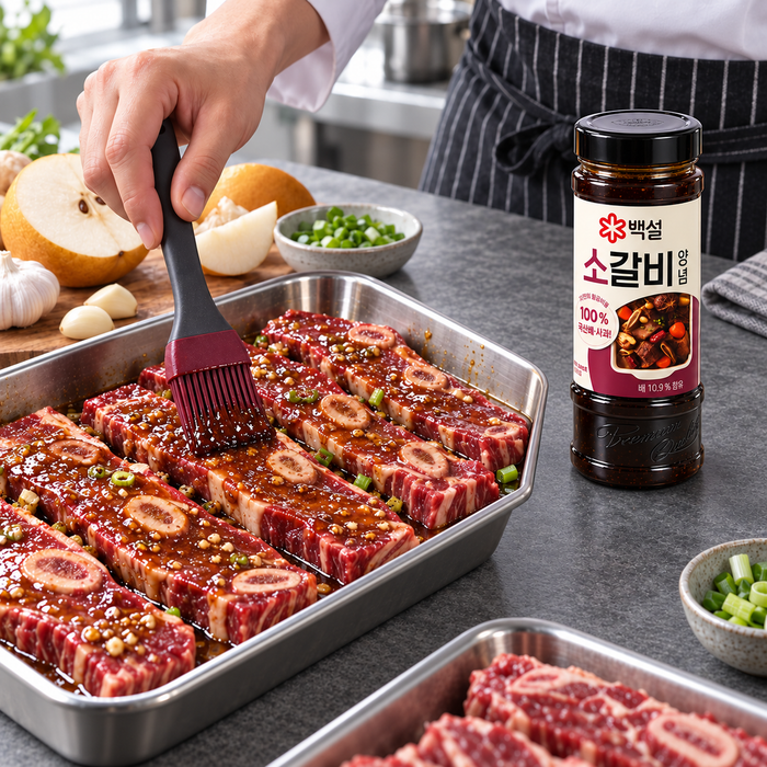 Beef short ribs being marinated with Beksul galbi sauce