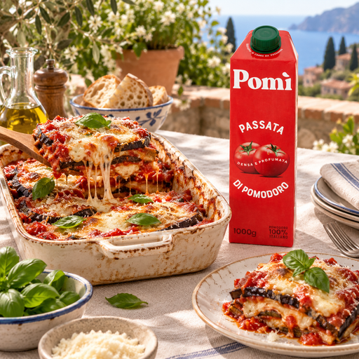 Pomì Passata 1kg beside freshly baked aubergine parmigiana
