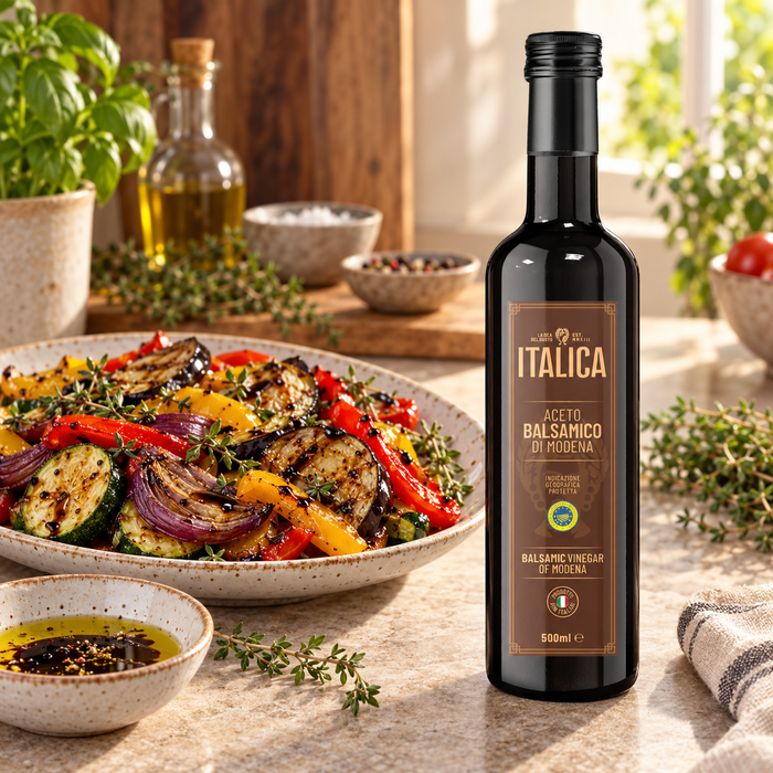 Italica Balsamic Vinegar 500ml with roasted vegetables