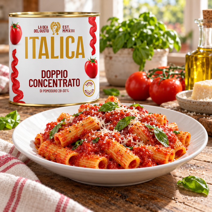 Italica Tomato Paste 2200g with rigatoni serving suggestion