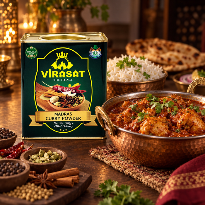 Virasat Madras Curry Powder with prepared chicken curry