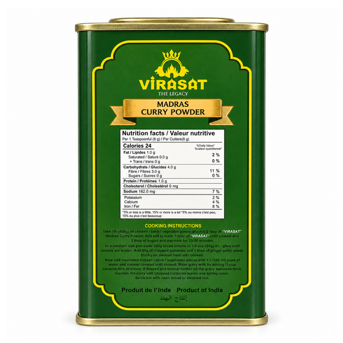Virasat Madras Curry Powder tin, nutrition panel