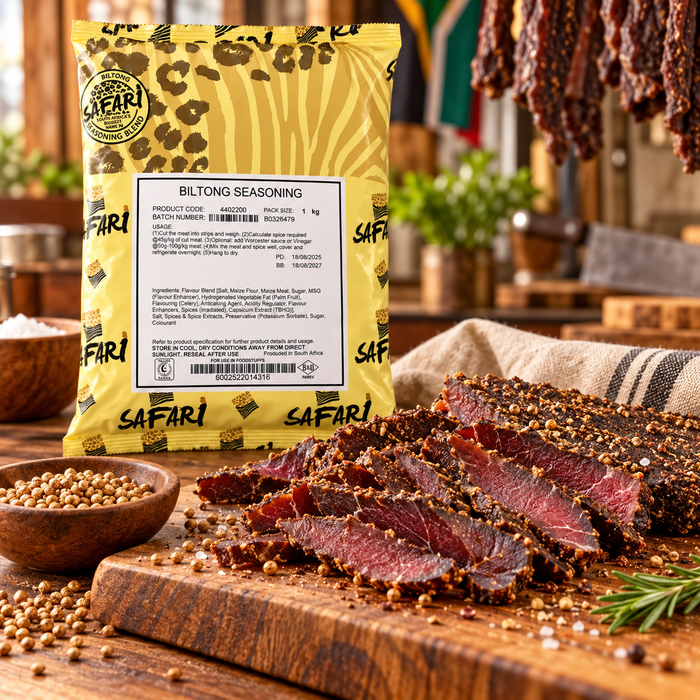 Crown National Safari Biltong Seasoning 1KG with sliced biltong — additional view | Addtocart Dubai UAE