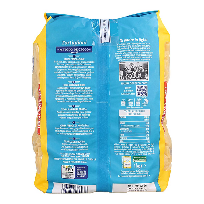 DeCecco Tortiglioni #23 Pasta 1KG, rear packaging label — additional view | Addtocart Dubai UAE