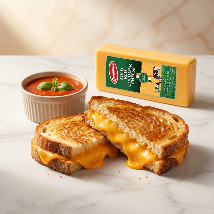 Avonmore Mild Red Cheddar 5KG lifestyle — grilled cheese and tomato soup | Addtocart Dubai UAE