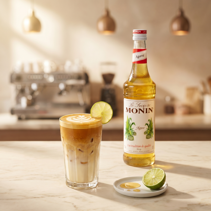 Monin Agave Syrup 700ML lifestyle — iced agave latte | Addtocart Dubai UAE