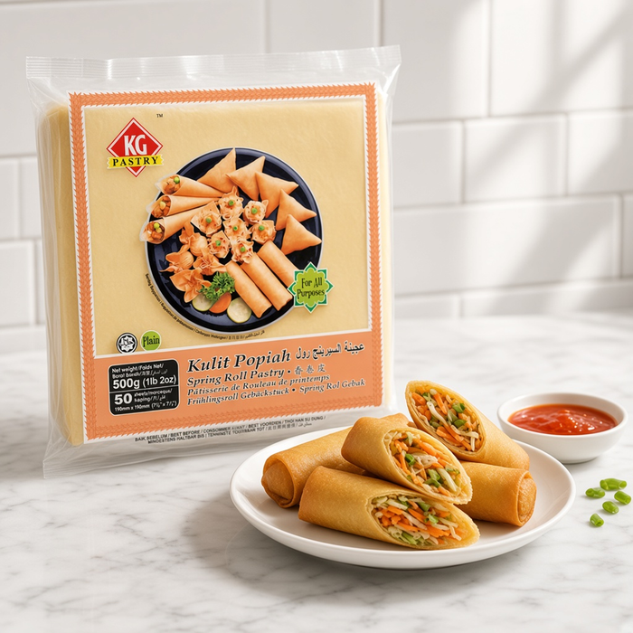 KG Spring Roll Sheet 7.5x7.5 500G, pack with fried spring rolls and sweet chilli dip — additional view | Addtocart Dubai UAE
