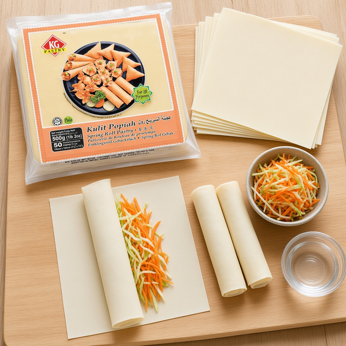 KG Spring Roll Sheet 7.5x7.5 500G, pastry sheets being filled and rolled — additional view | Addtocart Dubai UAE