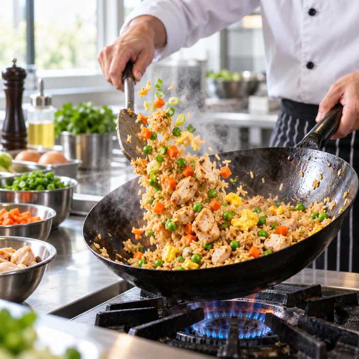 Chef preparing chicken fried rice in a wok with Knorr Chicken Seasoning Powder — additional view | Addtocart Dubai UAE