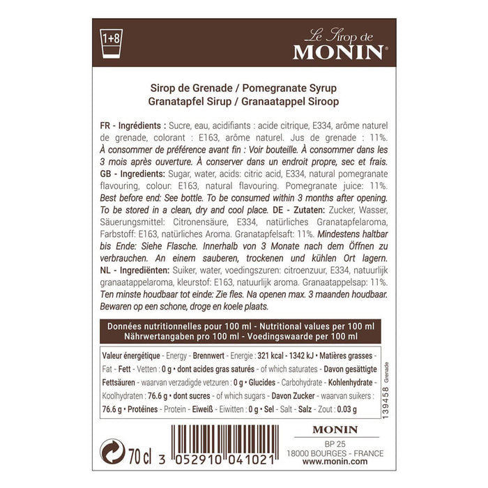 Monin Pomegranate Syrup label close up UAE