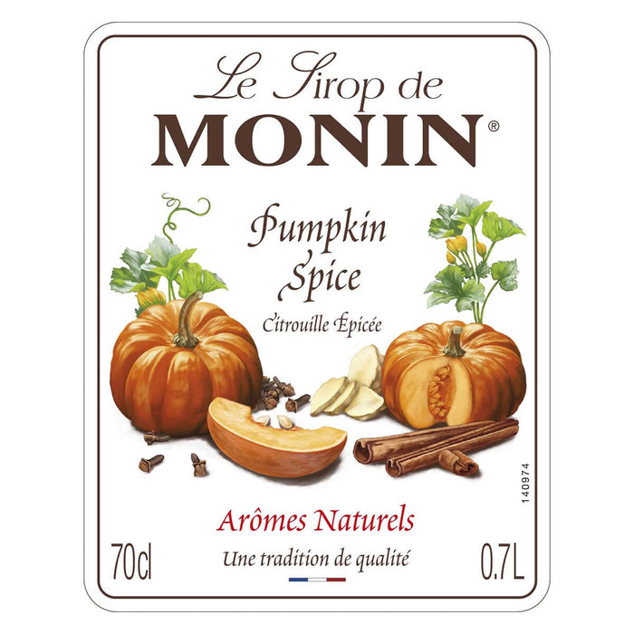 Monin Pumpkin Spice Syrup label close up UAE